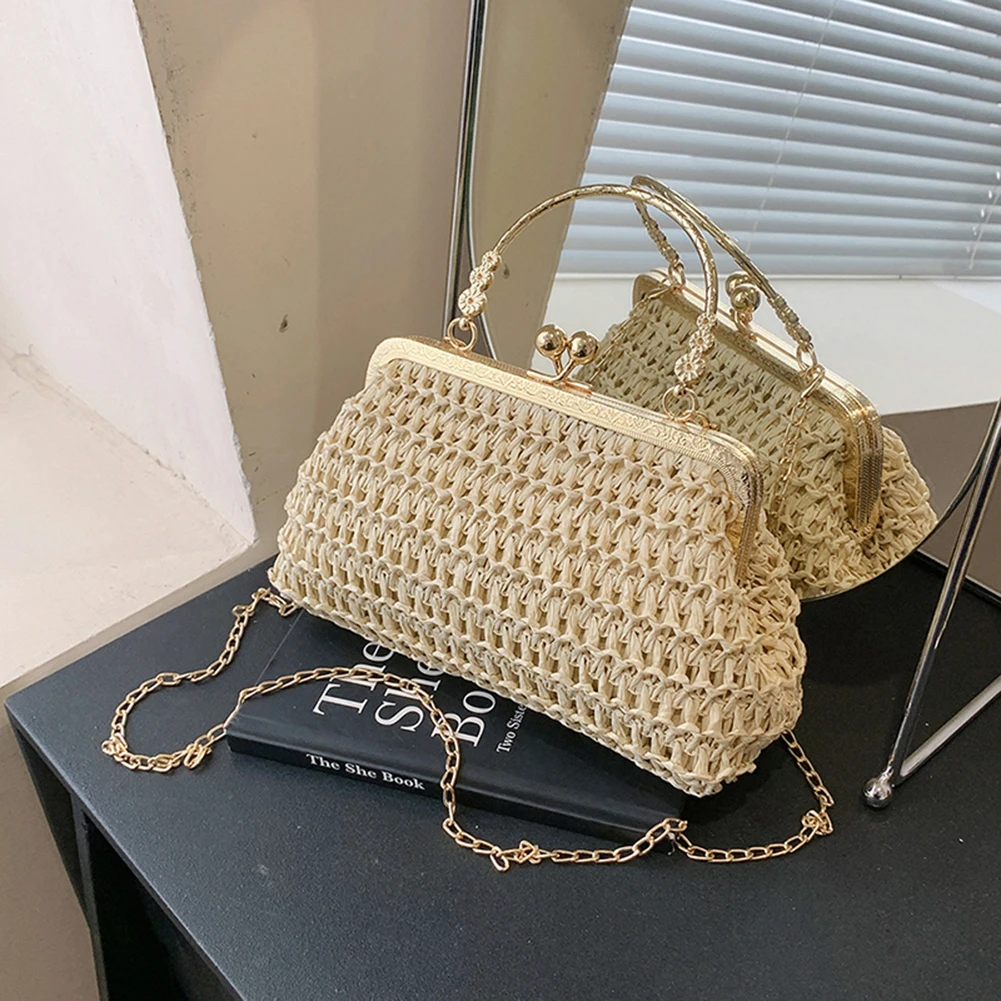 Dinner Party Chain Grass Woven Bag Summer Woven Tote Bag Simple Texture Handmade Casual Elegant Fashion Portable Evening Bag