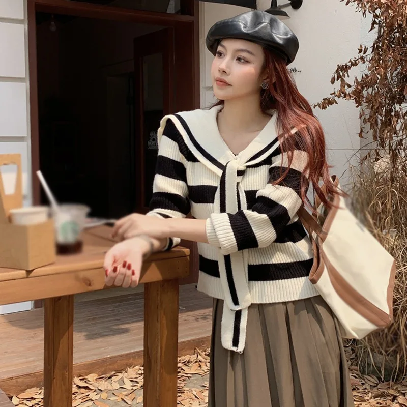 Women\'s  Sweater Sailor Collar Lace-ups Sweet Casual Preppy Style Knitted Long Sleeves Tops Korean Version Stripe