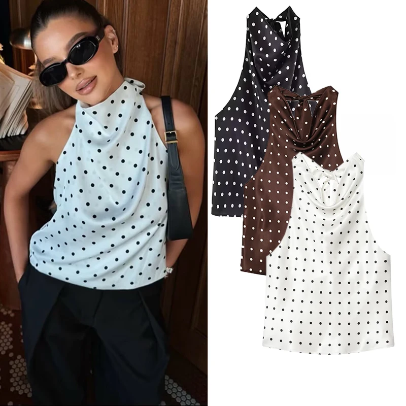 TFMLN Damen-Top mit gepunktetem Print und Neckholder-Ausschnitt, sexy schulterfreies, schickes, gepunktetes Oberteil im Urlaubsstil, Sommermode-Outfit