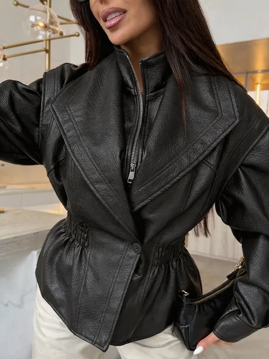 2026 Autumn Winter Women Faux Leather Jacket Peplum Waist Ruched Back Zip High Collar Moto Coat Black