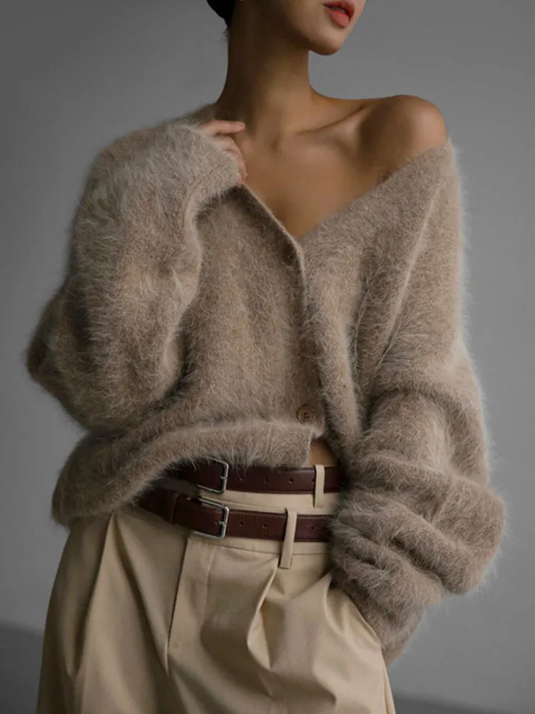 

BKLD Imitation Mink Wool Knitted Sweater Cardigan 2026 Autumn And Winter Lazy Loose Long Sleeve V-Neck Sweater Clothes For Women