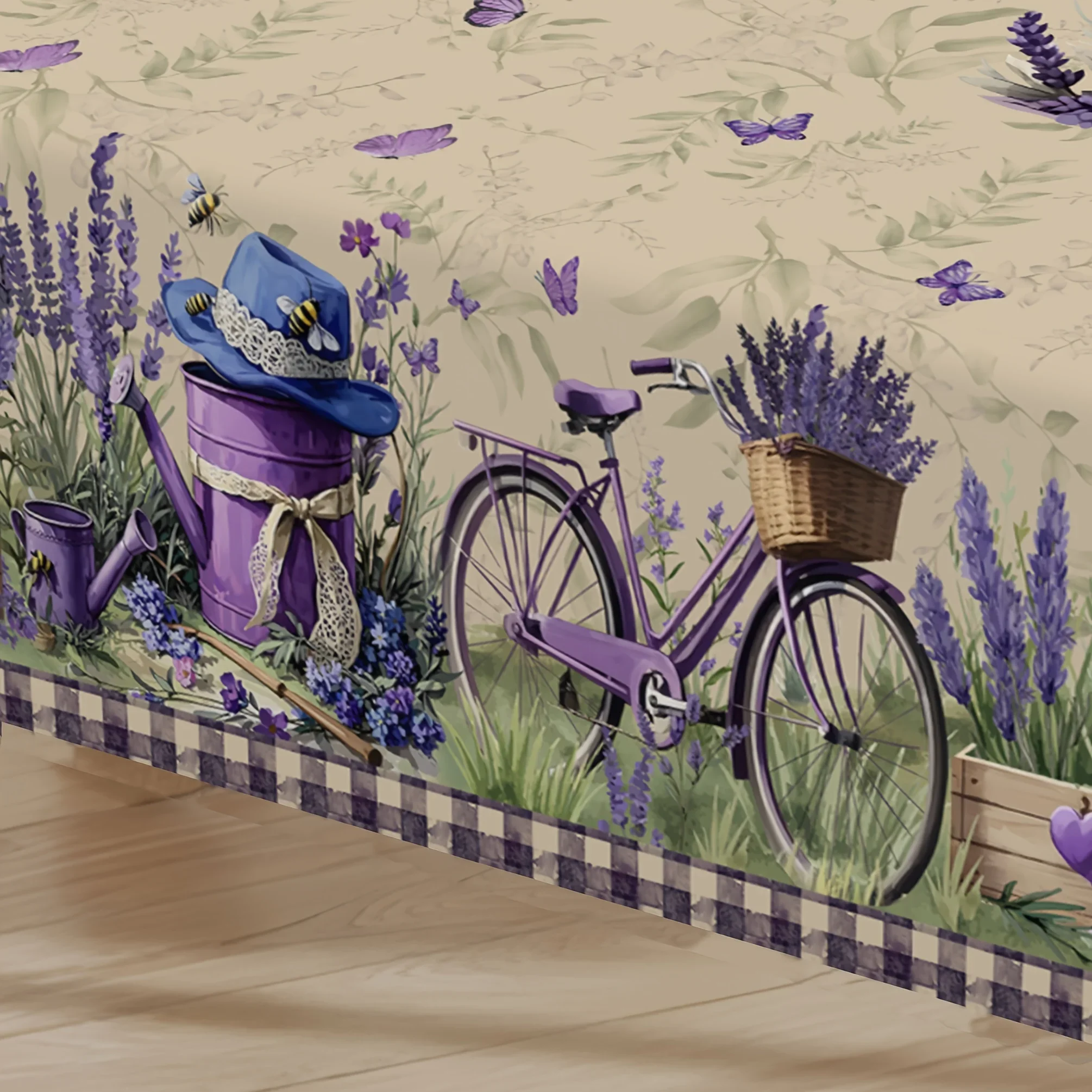 One vintage lavender tablecloth - featuring purple butterfly flowers and a retro bicycle designzyc