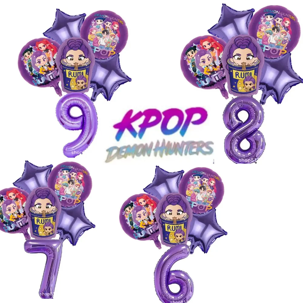 Conjunto de Balões Metalizados de Anime K-pop Números 1-9, Balões Temáticos do Elenco Completo, Topo de Bolo para Decorações de Festa de Aniversário e Adereço Fotográfico