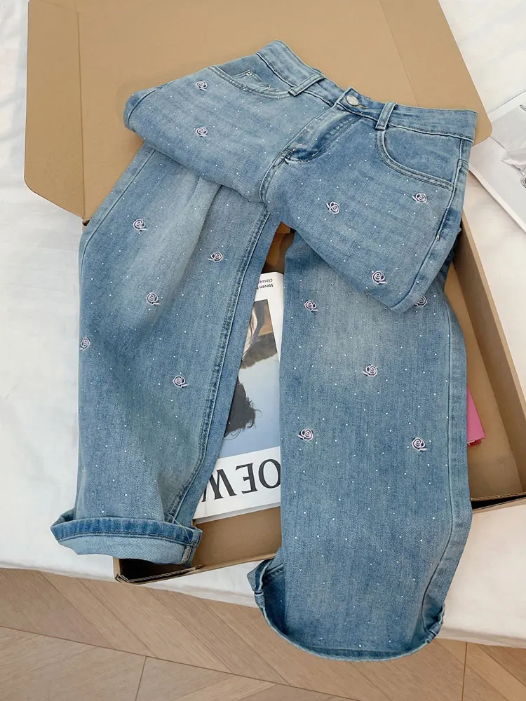 

Korean style rhinestone embroidered flower wide leg jeans women spring temperament casual high waisted slim straight leg pants