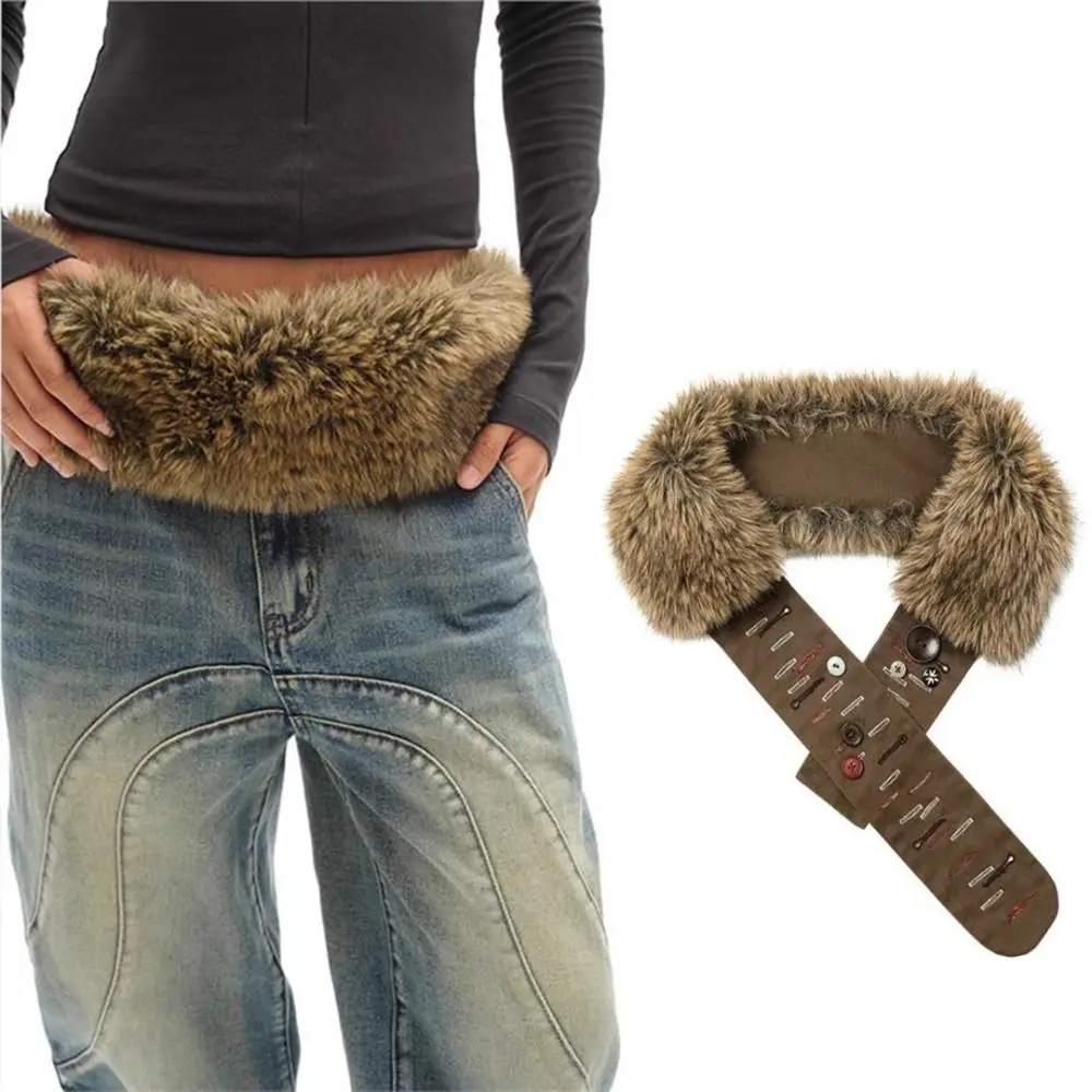 New Fashion High Quality Hip Hop Retro Leather Belt Hand-Sewn Hook Closure Fur Belt Y2K Wide Belt Women Fashion Waistband Decor