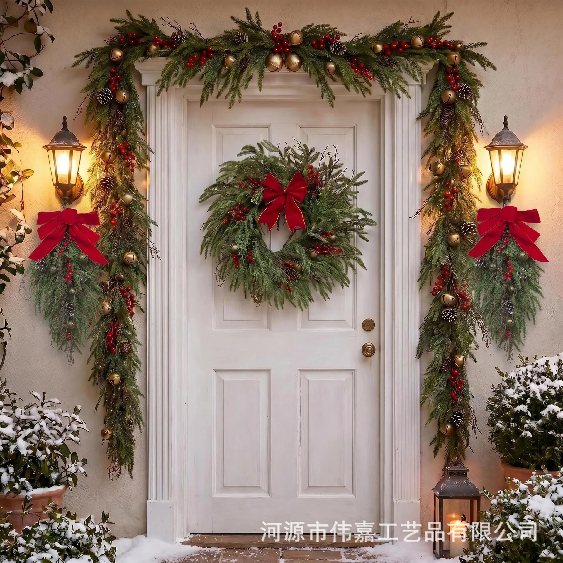 

Cross-border 2026 Amazon new Norfolk pine bell Christmas wreath door hanging simulation rattan Christmas dress