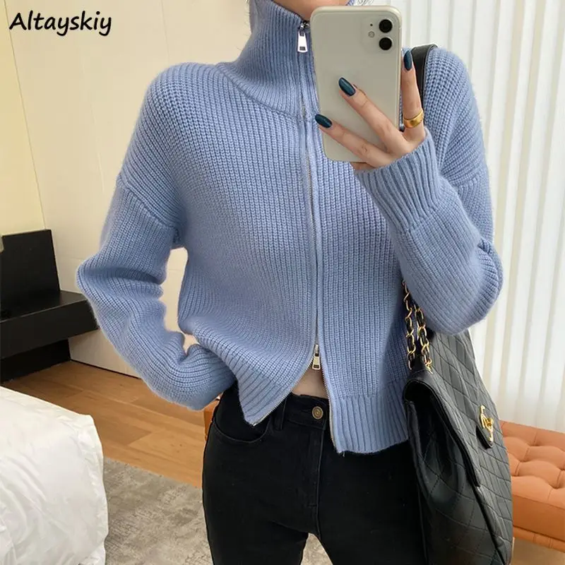 

Stand Collar Cardigan Women Preppy Style Solid Double Zippers Short Knitting Coats Casual Daily Students Spring Autumn Outerwear