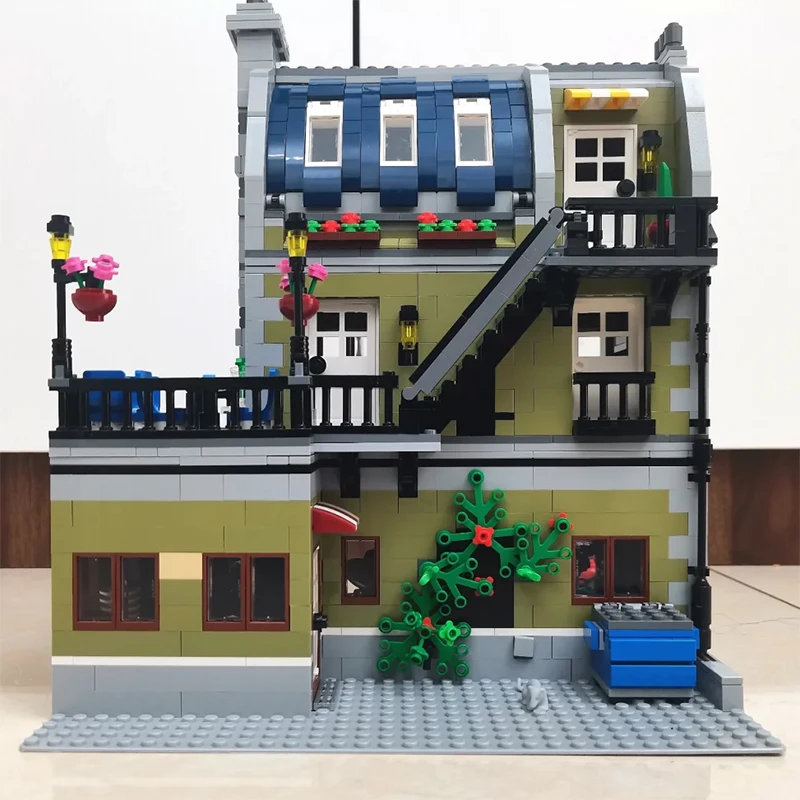 Bloques de construcción de restaurante parisino con vista a la calle creativa, modelo de arquitectura, montar ladrillos, juguete para regalo para niños, chico, adulto y niña