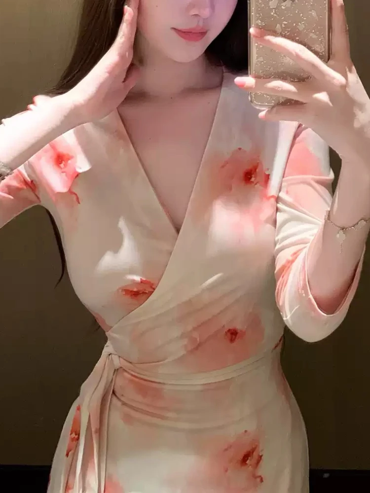 Lente Herfst Nieuwe Vintage Mode Elegante Jurk Vrouwen Bloemenprint V-hals Lange Mouw Kant-up Gebreide Jurk Slim Fit Feestjurk