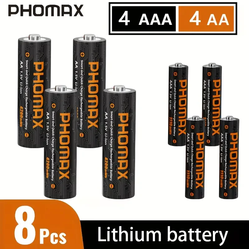 

PHOMAX 1.5V AA AAA rechargeable battery pack cylindrical lithium-ion battery and multi-slot smart charger with charging cable