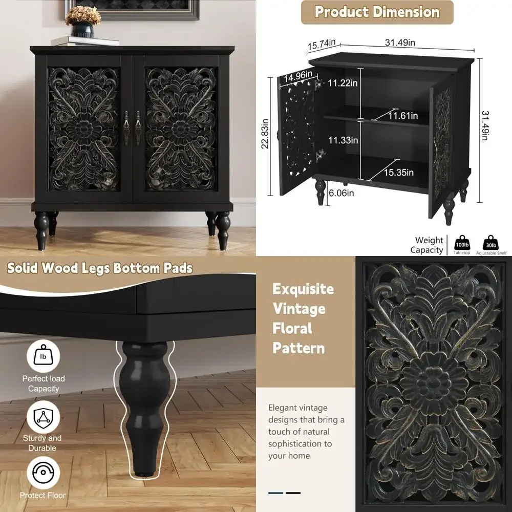 Vintage Carved Wood Accent Cabinet with Two Doors, Storage Sideboard Buffet Cabinet for Living Room