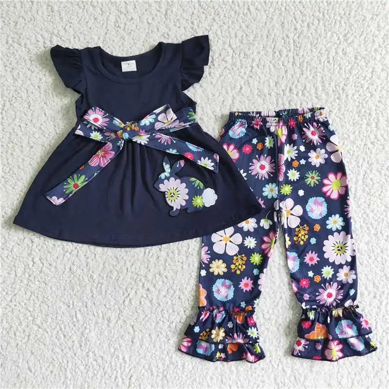 

Wholesale Summer irls Short-Sleeved Trousers Easter Suit Bell-Bottom Pants Embroidered Elements Round Neck