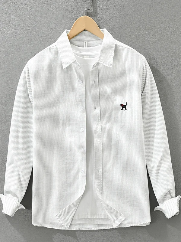 

Men's Long Sve Embroidered Pure Cotton irt Slimming Trendy Design Vertical Stripes Cartoon Stitch Autumn New Sle Casua...