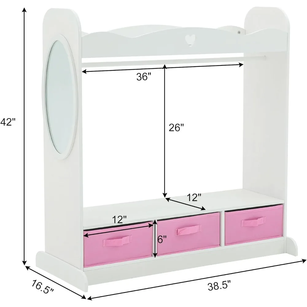 RELIANCER Kids Armoire Dress-Up Closet w/Mirror,Open Hanging Wardrobe w/Clothes Rack,Toddlers Pretend Play Costume Storage