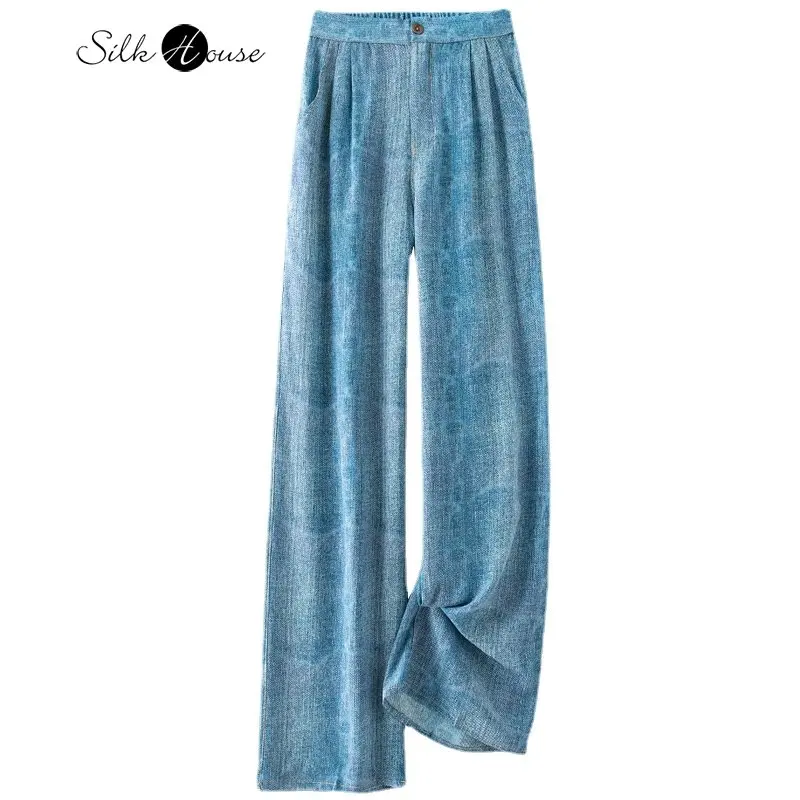 

New Summer Denim Texture Crepe De Chine Silk Pants Women's Loose Straight Tube Pants Mulberry Silk Versatile Casual Pants