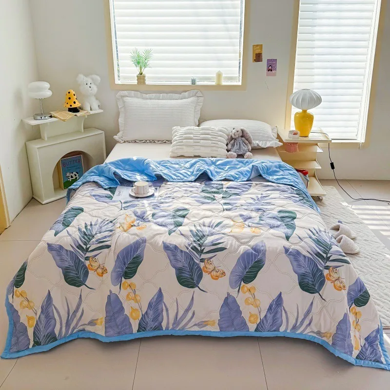 Floral Printed Summer Cooling Quilt Washable Cotton Breathable Thin Air Conditioner Blanket for Home Bedroom