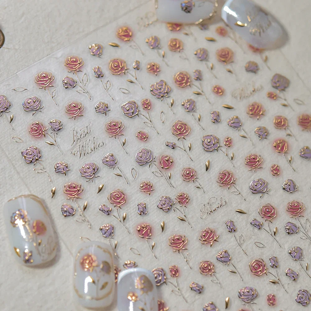 Estampado dorado, corona de flores secas coloridas, planta Floral, pétalo, jardín, encantador 5D, pegatinas autoadhesivas para decoración de uñas, calcomanía para manicura