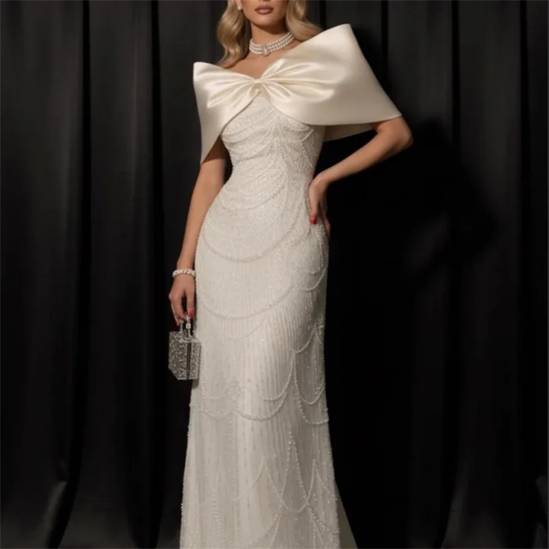 Customized White Beading Pearls robes de soirée Shawl Sleeveless Party Dresses Floor-Length Trailing A-line Prom Dress New
