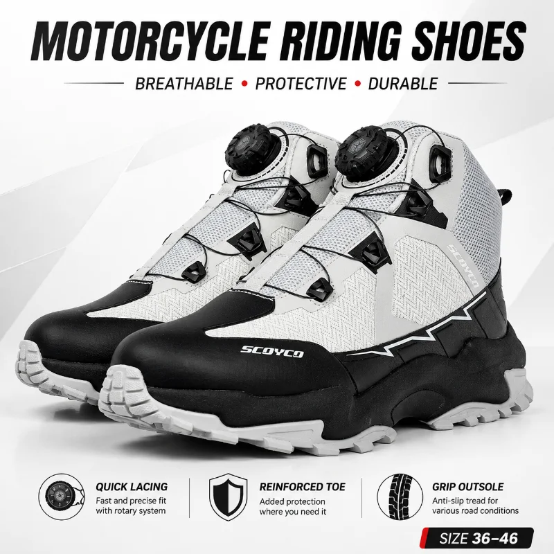SCOYCO Motorcycle Riding Shoes Breathable Summer Motorbike Boots Quick Lacing Anti-Slip Protective Touring Adventure Shoes