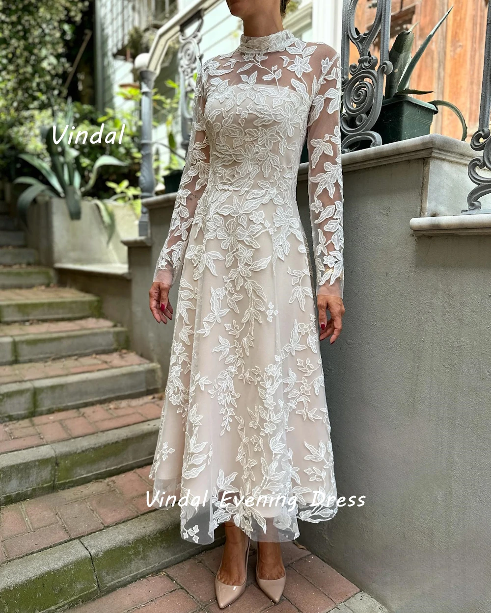 Vindal Lace Tea length O-Neck luxurious Flower A-Line Fashion Beaded Breast Padding Elegant Long Sleeves السعود For Woman 2024