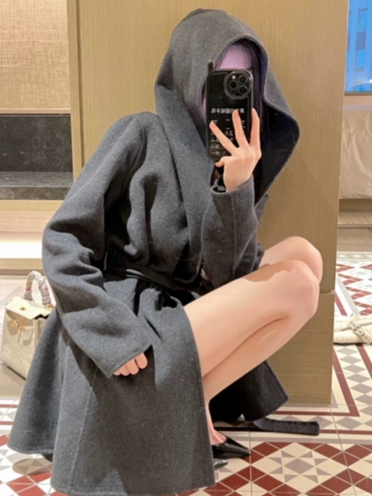 

Winema Xiaoxue AAIA Woolen Coat Princ Sle Slim Fit ey Texture Witch Hat Design Thi Winter Outerwear for Women