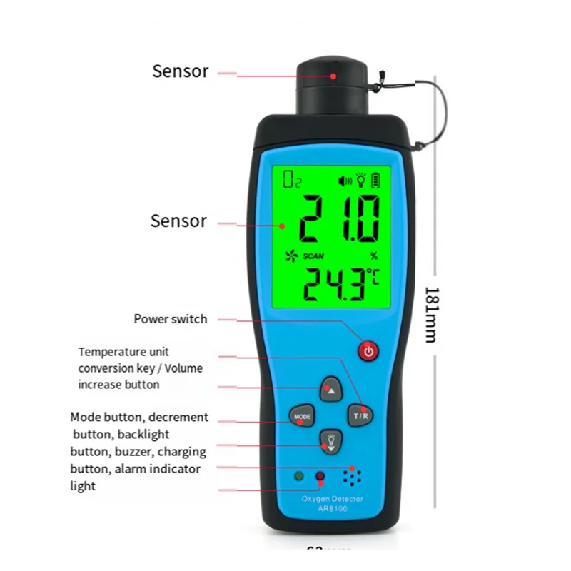 Rilevatore di gas ELECT-O2 Display LCD ricaricabile Rilevatore di ossigeno AR8100 SENSORE intelligente Monitor di ossigeno Misuratore di gas O2