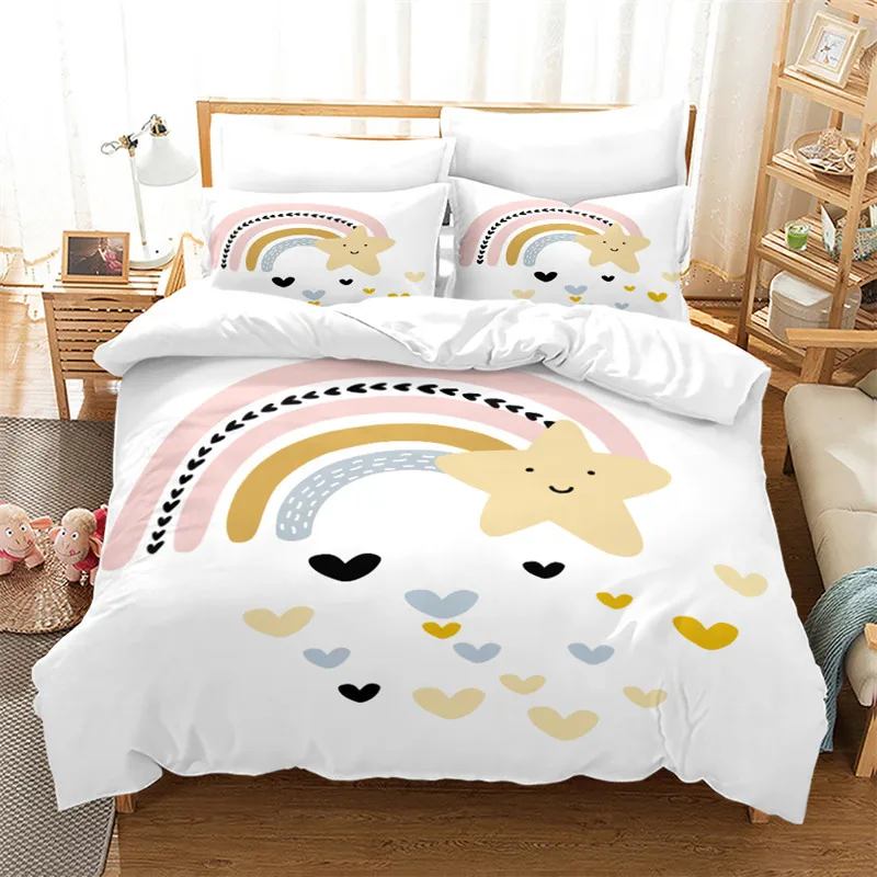 Imagem -02 - Cartoon Rainbow Capa de Edredão Twin Kawaii Crianças Meninas Nuvens Estrela Animais Imprimir Bedding Conjunto Microfibra Cobertor Fronhas