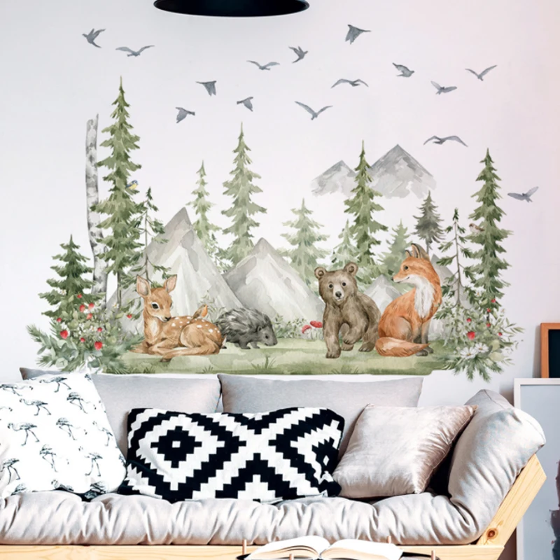 Large Forest Animals Deer Bear Wall Stickers for Kids Rooms Nursery Wall Decals Boys Room decoration Cartoon Animals Trees Mural