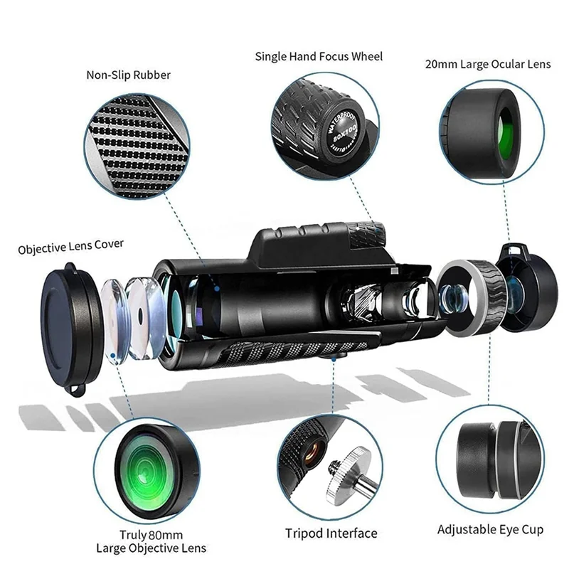 A29F-متوافق مع الهاتف الذكي 80X100 تلسكوب أحادي العين عالي الطاقة لمشاهدة النجوم والحياة البرية ومشاهدة الطيور والسفر والتخييم