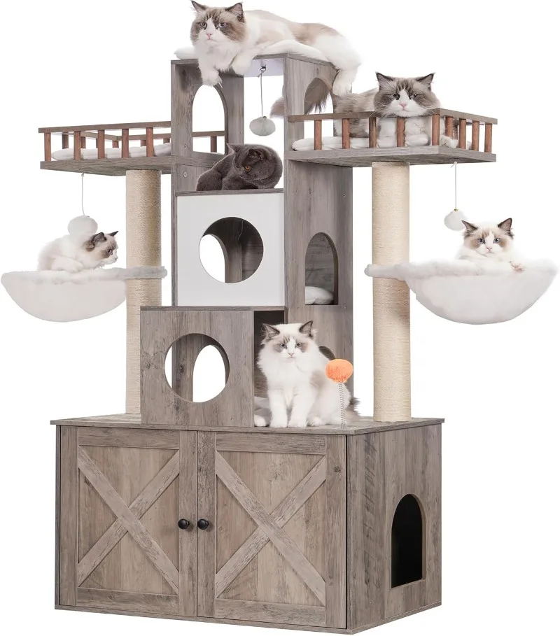 Árvore de gato com caixa de areia para gato grande interno, torre de gato para gatos grandes, 20 libras, resistente, moderno, móveis de condomínio para gatos