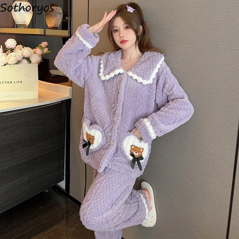 Winter Plus Velvet Thicker Pajama Sets Women Sweet Bear Embroidery Tender Warm Sleepwear Lounge College Girls All-match Home Ins