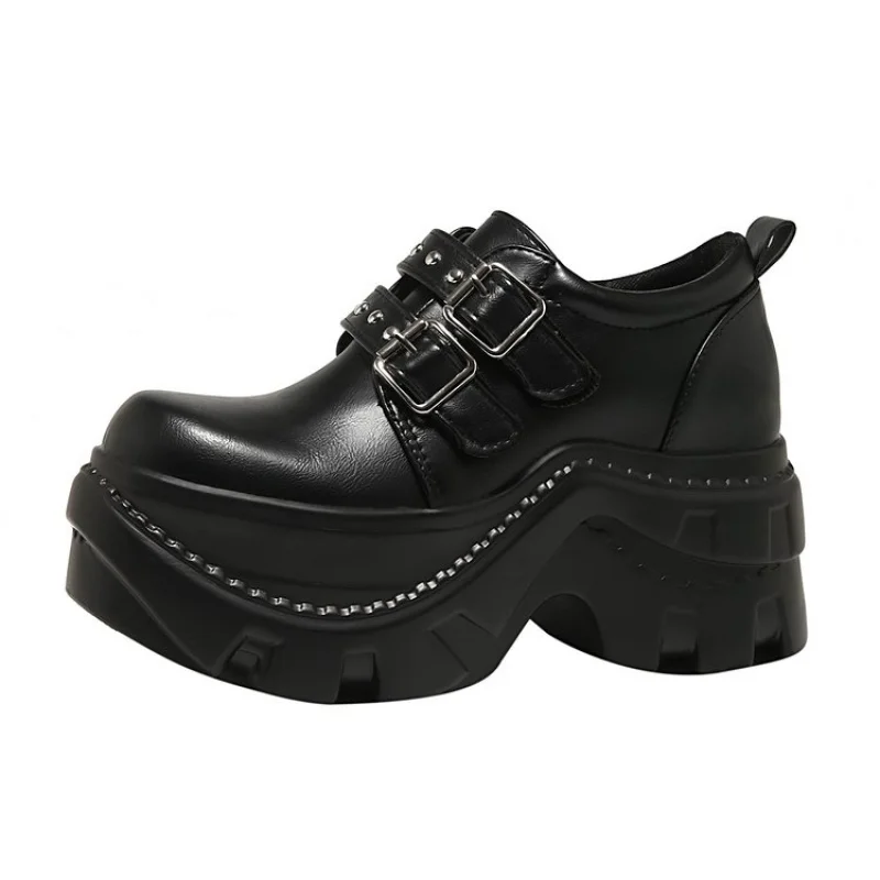 Women's Gothic Platform Oxford Shoes 8cm Thick Lug Sole Bimetallic Buckle Studded Lace-Up Punk Crawler Shoes Black Leather Wedge