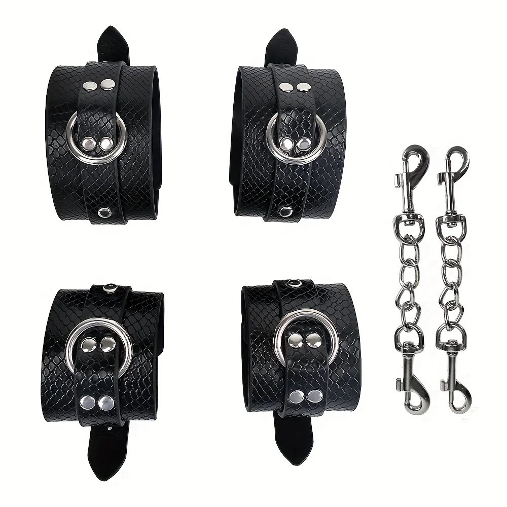 2PCS Punishment Bondage Kit SnakeSkin Leather Handcuffs and Feet Cuffs Restraint Discipline Tools for Women and Couples Pleasure