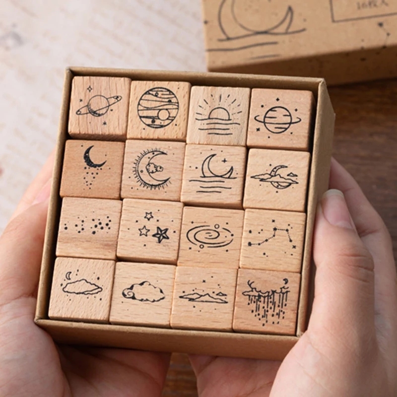 16Pcs/Lot Vintage Planet Moon Cloud Decoration Stamp Wooden Rubber Stamps For Scrapbooking Stationery DIY Craft Standard Stamp