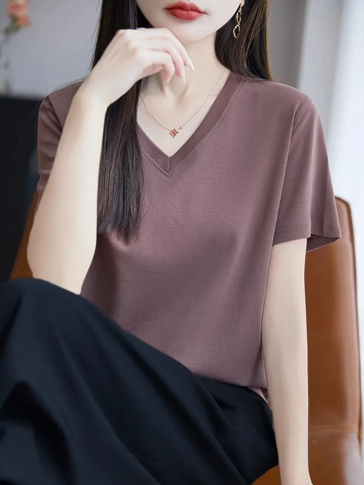Czysta bawełna, dzianina w kształcie litery V, luźna koszulka damska na lato, oddychająca, wyszczuplająca, przeciwstarzeniowa, koszulka bazowa z odkrytymi ramionami...