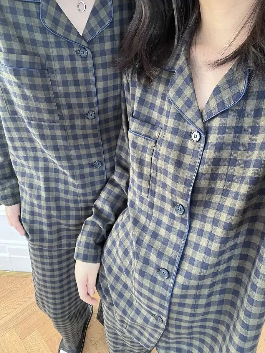 Couple Plaid Pajamas Men Comfortable Leisure Home Wear Women Can Be Worn Outside Sleepwear Ladies Turn-down Collar Nightdress