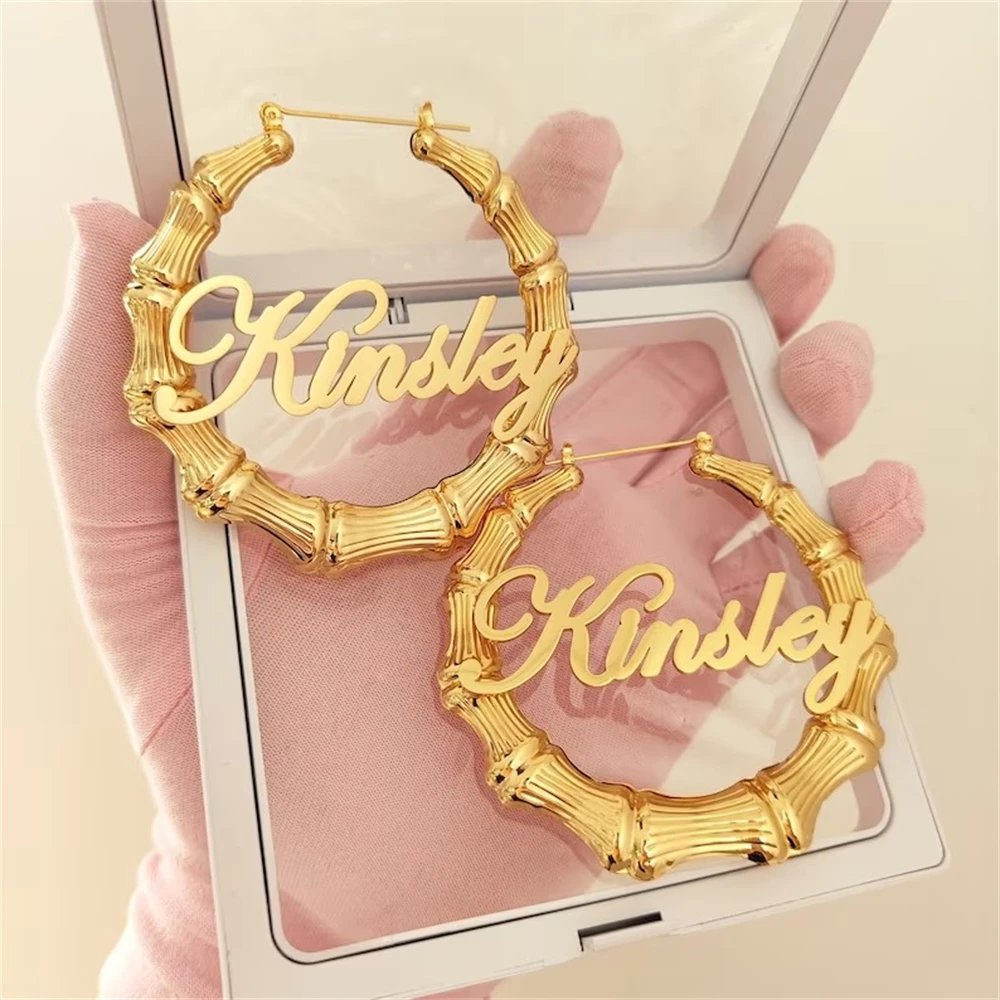 Custom Stainless Steel Bamboo Hoop Earrings 30-100mm Personalized Name Earrings Customized Gift Jewelry Boho Pendientes Mujer