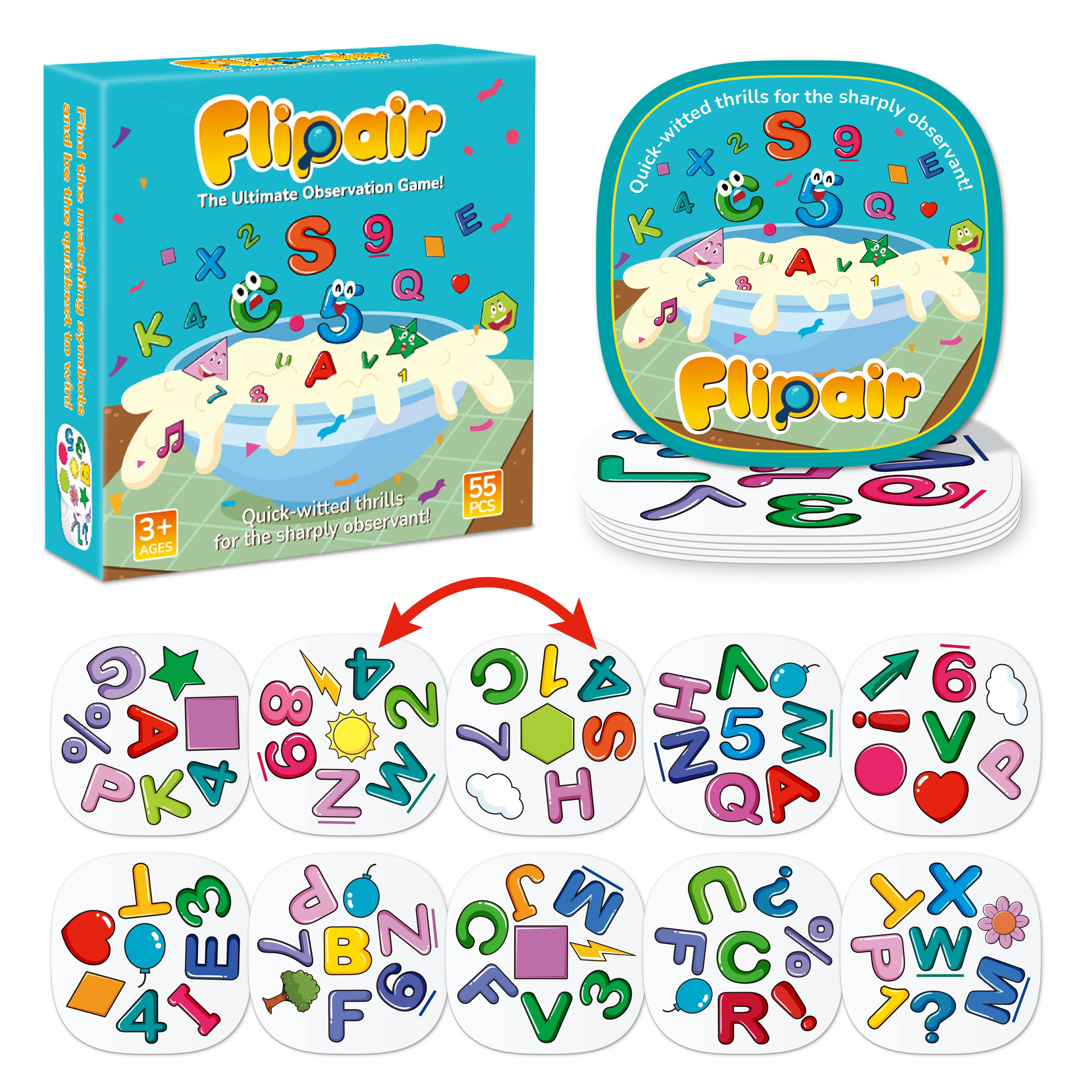 Flipair Nummer- und Form-Matching-Kartenspiel, lustiges visuelles Wahrnehmungsspiel für Familie, Schule, Partys und Reisen