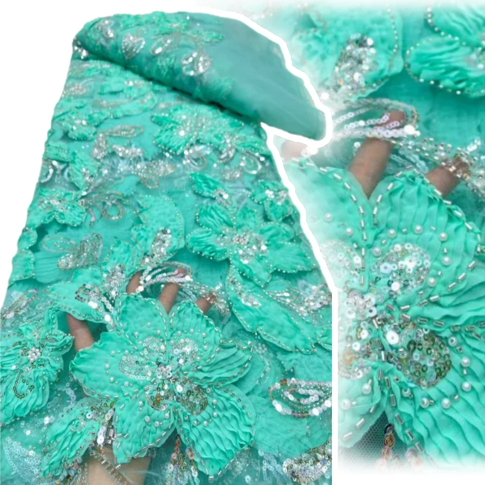 

Luxury African Fabric Lace 5 Yards 3D Lace High Quality Blue Sequin French Beaded Lace Fabrics for Wedding Dress Sewing 1950
