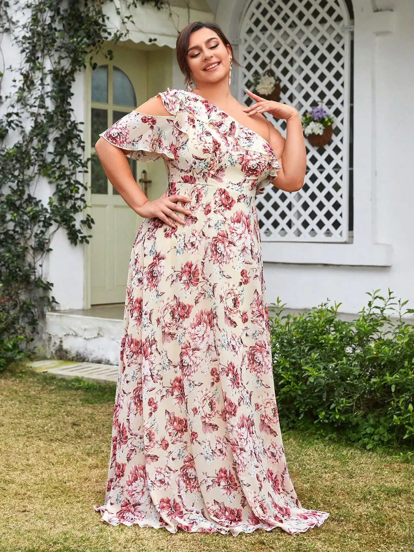 Mgiacy 비대칭 오프 숄더 연잎 칼라 중공 반소매 로맨틱 프린트 롱 스커트와 큰 스윙