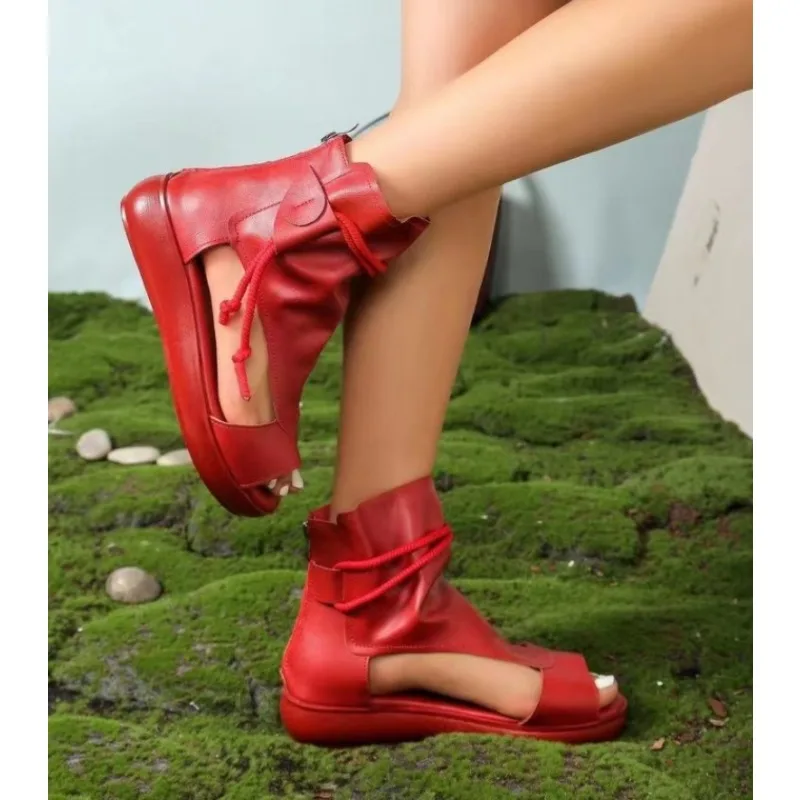 2024Shoes for Women Ladies Vintage Pu Leather Boots Fashion Women Sandals Summer Mid Heels Wedges Shoes Sandalias Mujer Sneakers