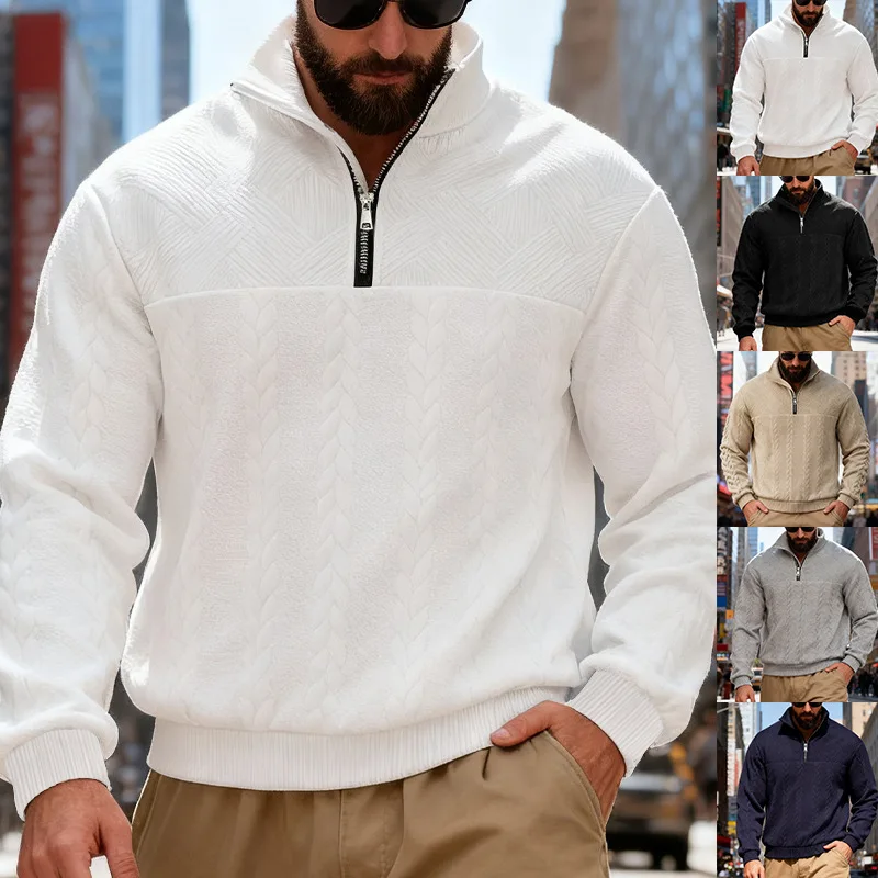 Sudadera con capucha informal americana con estampado de otoño/invierno, jersey holgado con cremallera, abrigo de manga larga con cuello levantado, Jacquard