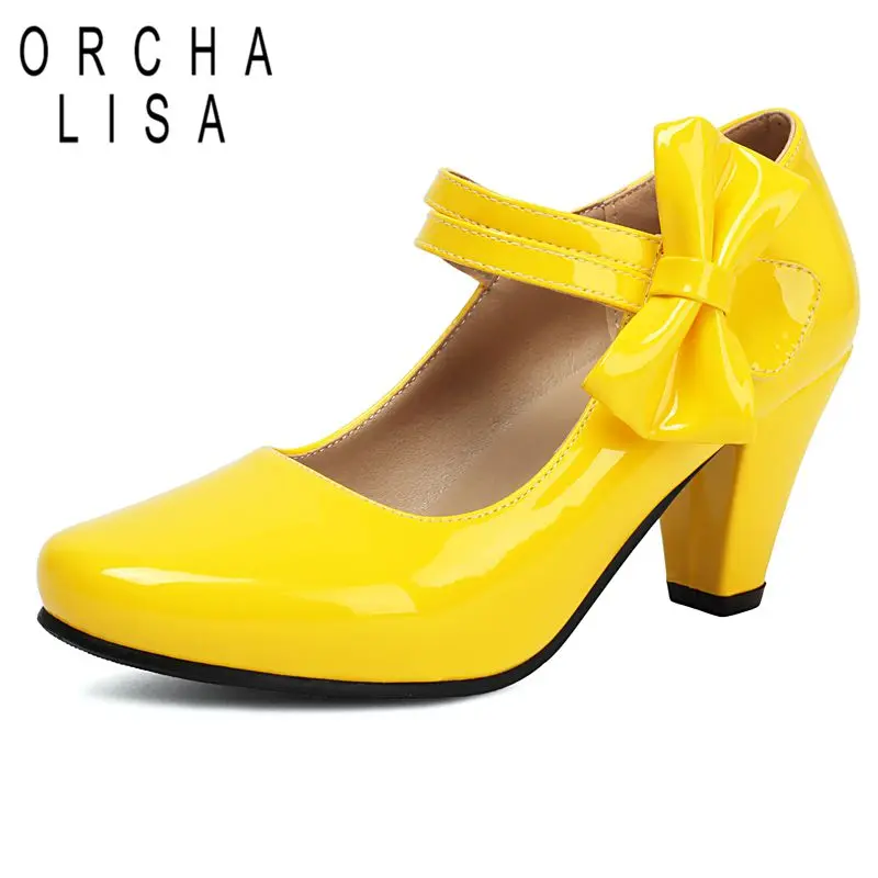 

ORCHA LISA Pink Shiny Women Pumps Round Toe 7cm Block Heel Hook&Loop Bowknot Large Size 43 44 45 Sweet Mary Janes Female Shoes
