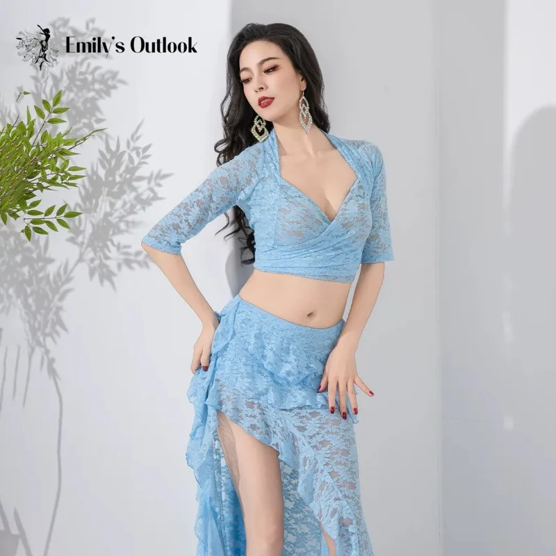 Elegant Lace Belly Dancing Outfit Halter Neck Short Top High Split Ruffle Maxi Skirt 2‑Pieces Oriental Dance Costume For Women