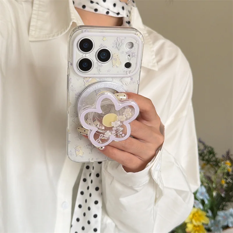 

Purple Floral Bunny Magnetic Phone Case For iPhone 17 Pro 16 15 14 Pro Max with Flower Shaker Stand Shockproof Cover fashion