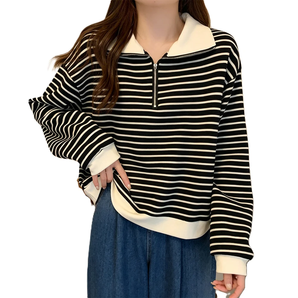 Long Sleeve Striped For Top for Women Featuring Lapel Detail and Semi-Zip Front Designed for Leisure Activities