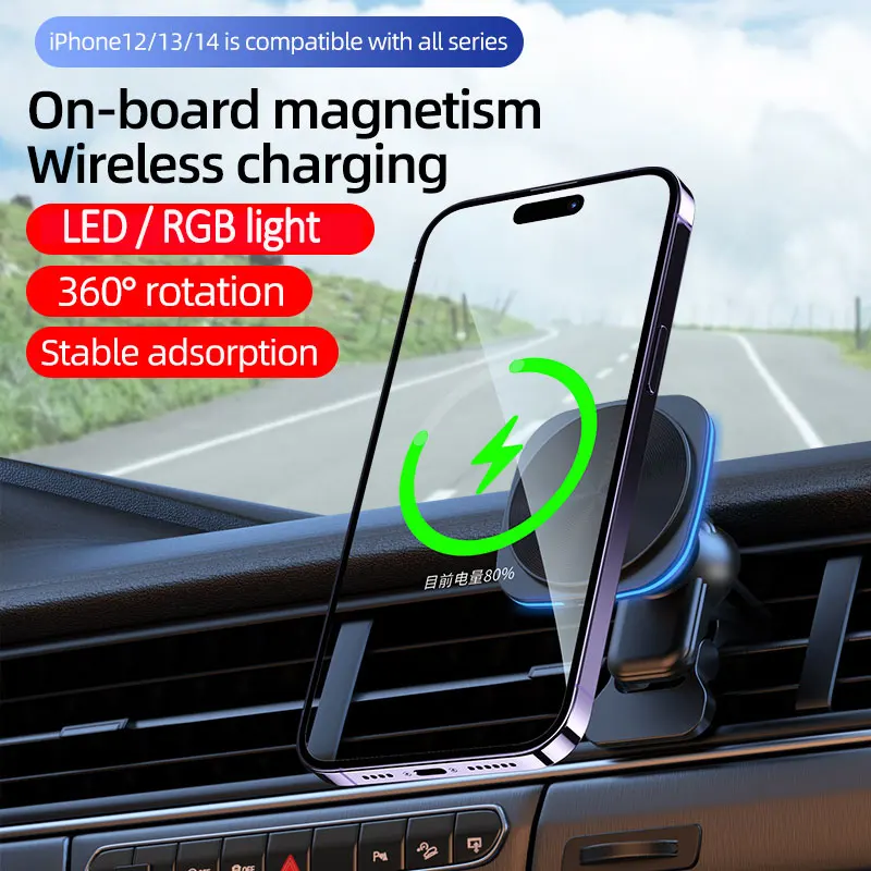 30W RGB LED Light Magnetic Car Wireless Charger Air Vent Phone Holder For iphone 14 13 12 Pro Max Macsafe Fast Charging Station