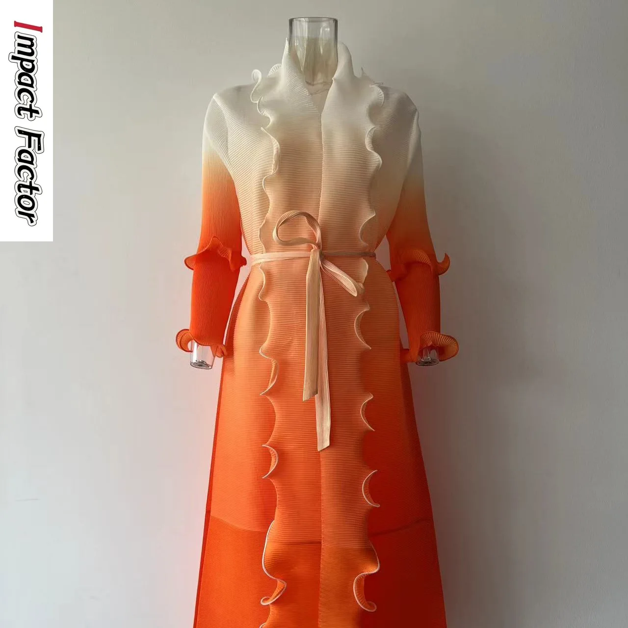 

Miyake Elegant Gradient Color Bandage Pleated Dresses Women Lapel V Neck Spliced Ruffles Edge Loose Maxi Robe Party Clothing