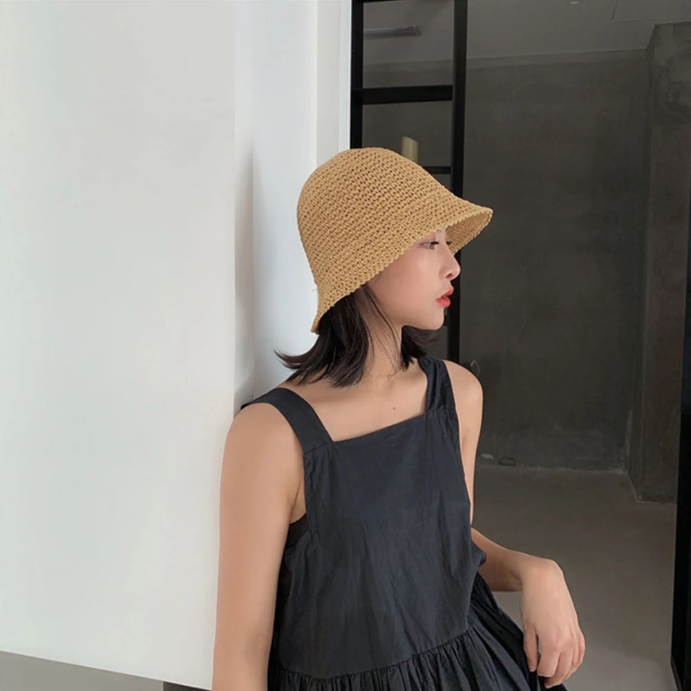 Women Fisherman Hat  Fashion Straw Beach Hat Casual Vacation Summer Sunscreen Hats Hand-woven Bucket