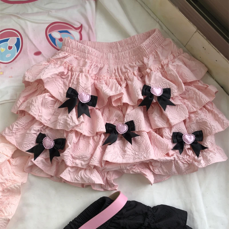 Japanese Sweet Fresh Lolita New Summer 2024 Spliced Elasticized High-waisted Bow Folds Fashion Solid Color Casual Cake Skirts